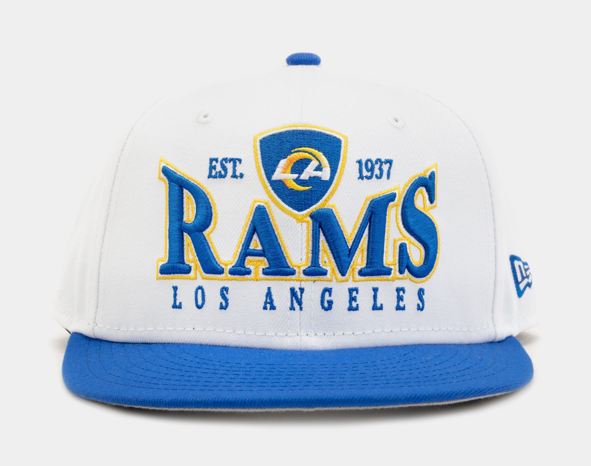 New Era Los Angeles Rams Crest 9FIFTY Mens Snapback Hat White Blue 60310305  – Shoe Palace