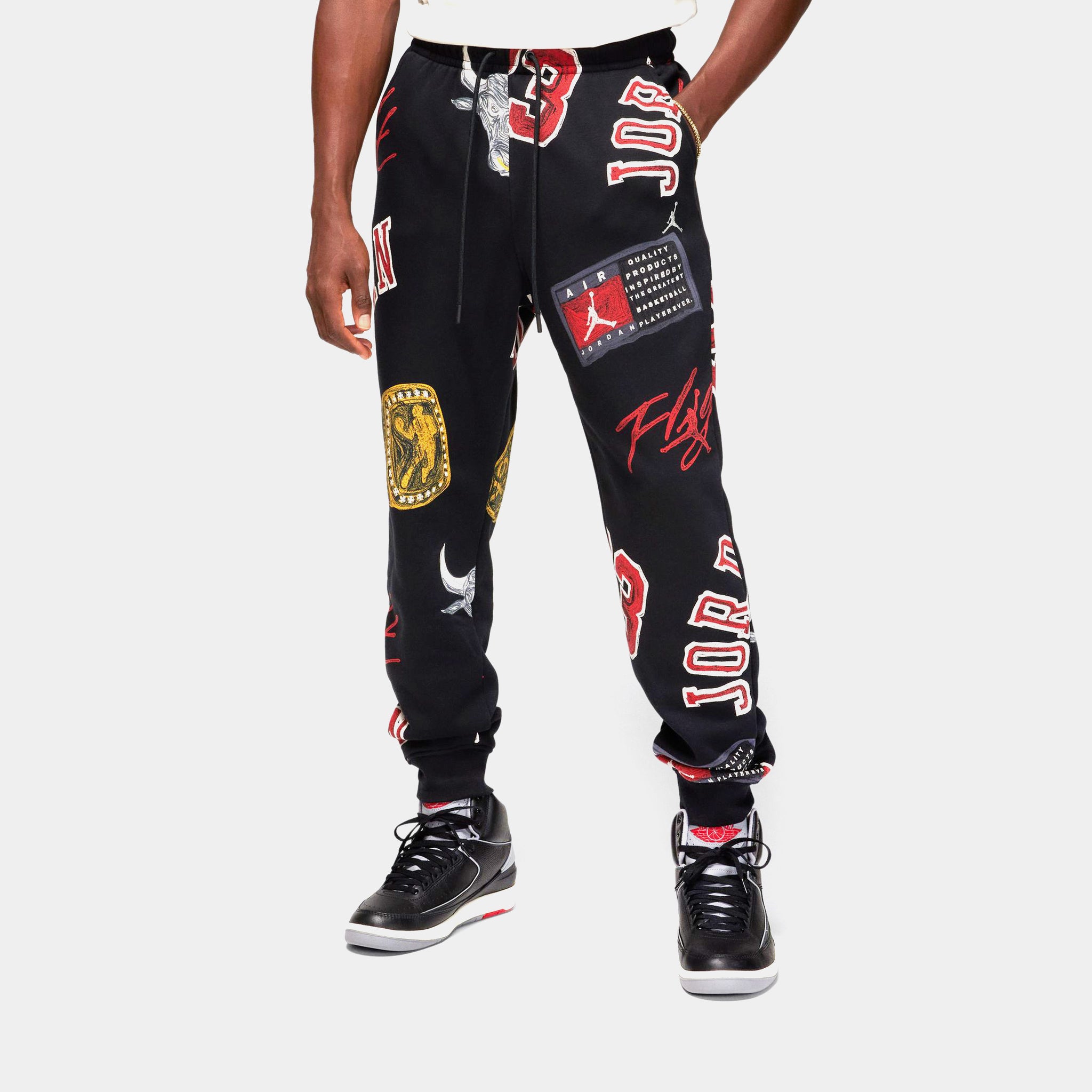 Jordan Brooklyn Fleece All Over Print Joggers Mens Pants Black Red