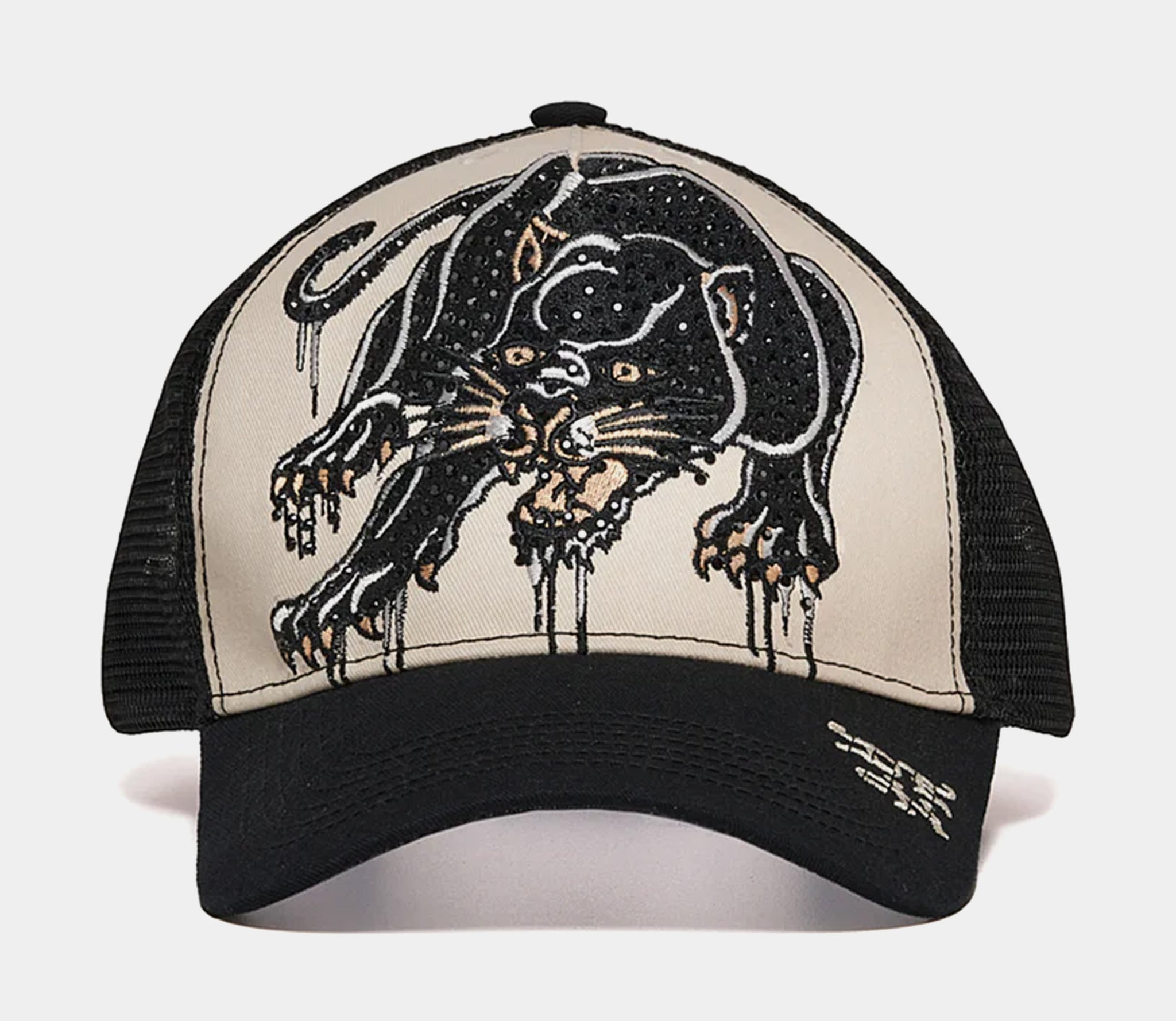 Ed Hardy Rhinestone Crouching Panther Trucker Mens Hat Black Beige ...